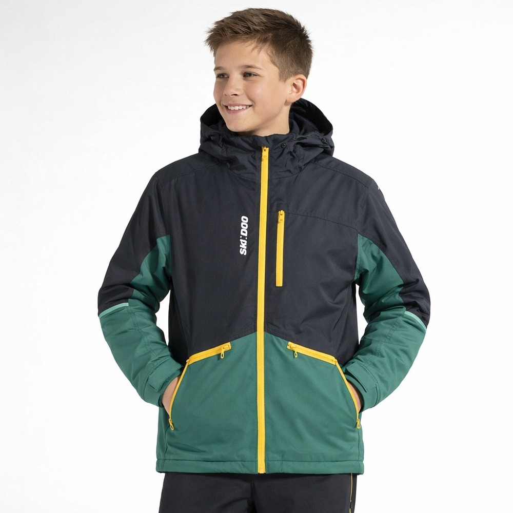 Ski Doo Teens Particle Winter Coat Jacket Black Green Yellow Zip Hooded Size 16